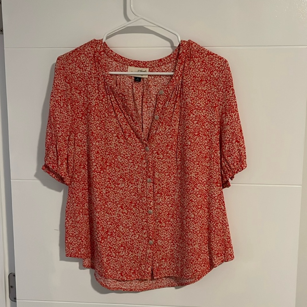 Red and white button down floral top